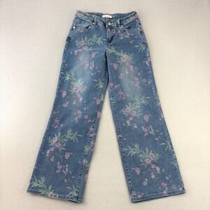 Blue Turtle Exclusive Jeans Women 5 Blue Floral Wide Leg Stretch Denim